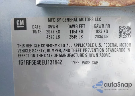 2014 Chevrolet Volt из США, поврежденный, VIN 1G1RF6E46EU131642